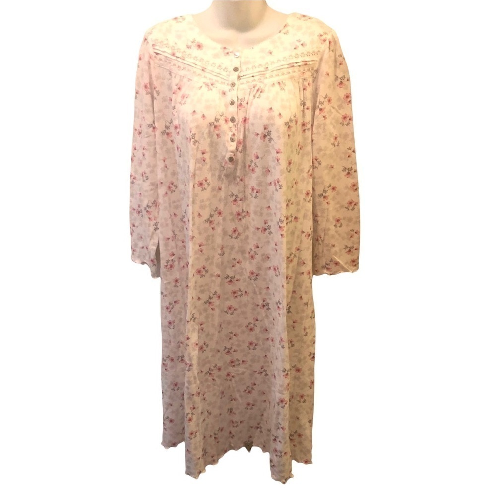 Aria Collection White Pink Gray Printed Nightgown Scalloped Hem 3/4 Sleeve Sz. S
